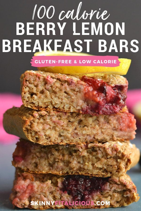 100 Calorie Berry Lemon Breakfast Bars! Super easy baked breakfast bars filled with sneaky healthy ingredients. Balanced in carbs, protein and healthy fat, these bars are a favorite breakfast meal prep recipe and only 100 calories! Gluten Free + Low Calorie