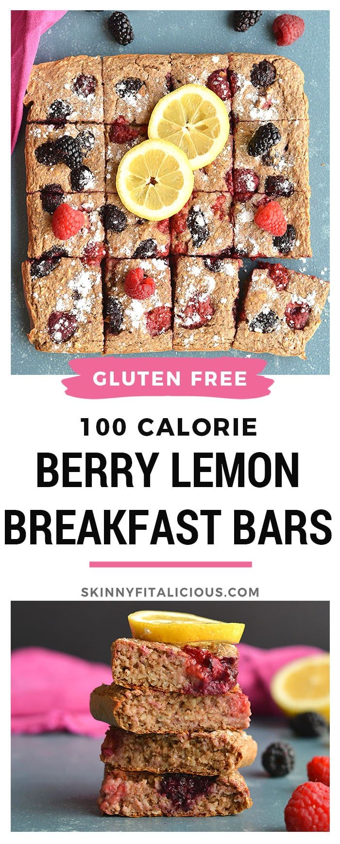 100 Calorie Berry Lemon Breakfast Bars! Super easy baked breakfast bars filled with sneaky healthy ingredients. Balanced in carbs, protein and healthy fat, these bars are a favorite breakfast meal prep recipe and only 100 calories! Gluten Free + Low Calorie
