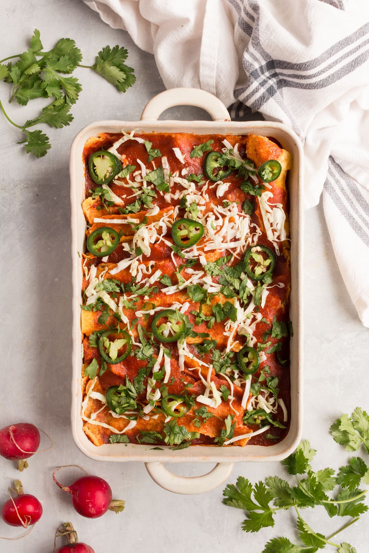 High protein enchiladas after baking on the table.