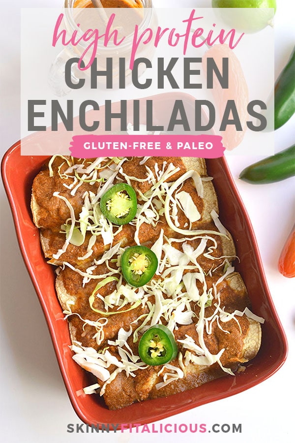 High Protein Chicken Enchiladas! These skinny enchiladas are made with a few simple, healthy swaps. They are creamy on the inside and spicy on the outside. Only 320 calories per serving and made with real food! Gluten Free + Low Calorie