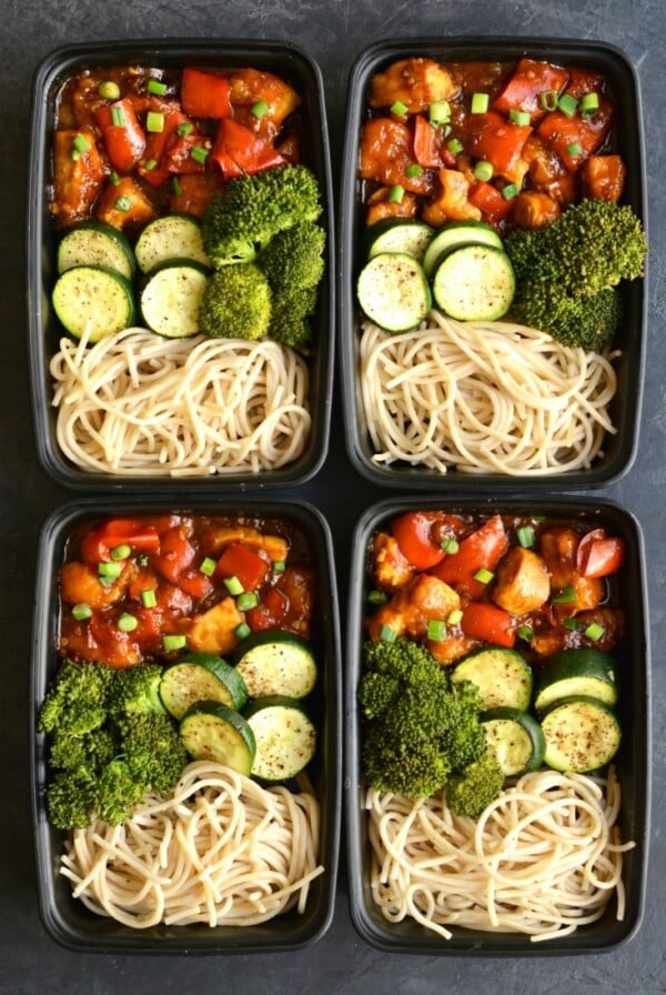 Meal Prep General TSO's Chicken! This Paleo version is made easy in the Instant Pot or on the stovetop. Topped with a healthier, starch-free sauce that's delicious and packed with wholesome ingredients. Serve with brown rice pasta for a lighter, healthier homemade version of your favorite takeout! Gluten Free + Paleo + Low Calorie