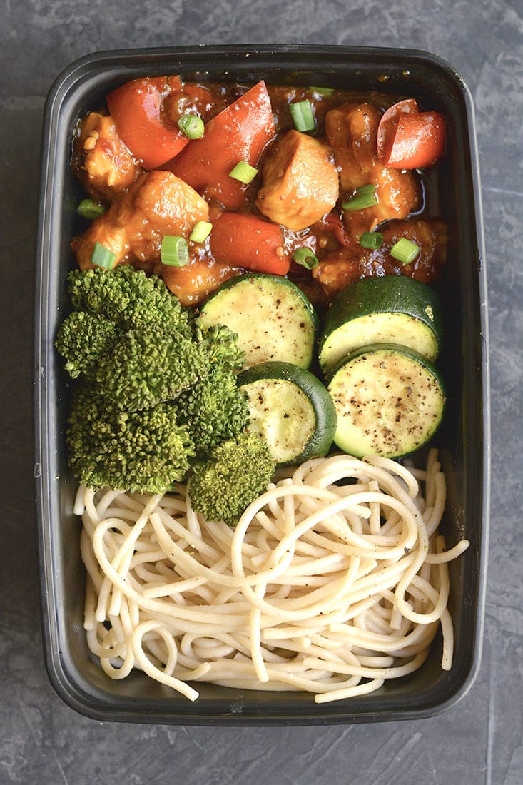 Meal Prep General TSO's Chicken! This Paleo version is made easy in the Instant Pot or on the stovetop. Topped with a healthier, starch-free sauce that's delicious and packed with wholesome ingredients. Serve with brown rice pasta for a lighter, healthier homemade version of your favorite takeout! Gluten Free + Paleo + Low Calorie