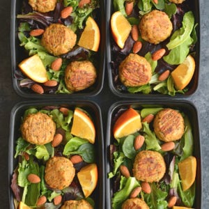 Meal Prep Asian Salmon Meatballs! These orange sweetened meatballs are flavored with Asian seasonings & have hidden veggies. Made with salmon for a high protein, omega-3 packed meal. Easy to make in under 30 minutes. Pair with a salad, cauliflower rice, or brown rice for a quick meal prep. Low Carb + Paleo + Gluten Free + Low Calorie 
