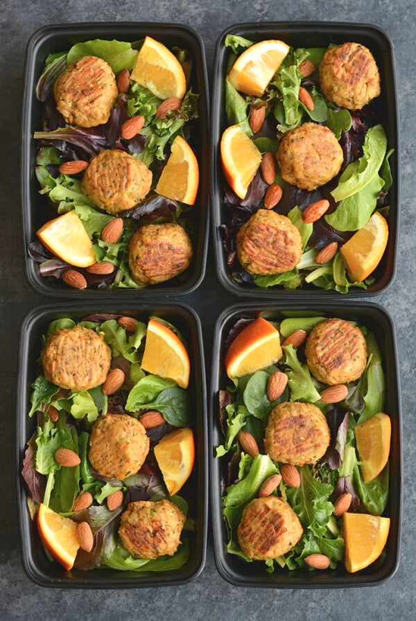 Meal Prep Asian Salmon Meatballs! These orange sweetened meatballs are flavored with Asian seasonings & have hidden veggies. Made with salmon for a high protein, omega-3 packed meal. Easy to make in under 30 minutes. Pair with a salad, cauliflower rice, or brown rice for a quick meal prep. Low Carb + Paleo + Gluten Free + Low Calorie 