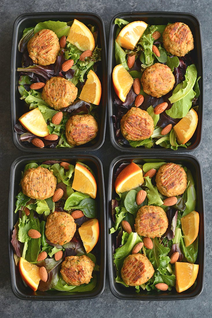 Meal Prep Asian Salmon Meatballs! These orange sweetened meatballs are flavored with Asian seasonings & have hidden veggies. Made with salmon for a high protein, omega-3 packed meal. Easy to make in under 30 minutes. Pair with a salad, cauliflower rice, or brown rice for a quick meal prep. Low Carb + Paleo + Gluten Free + Low Calorie 