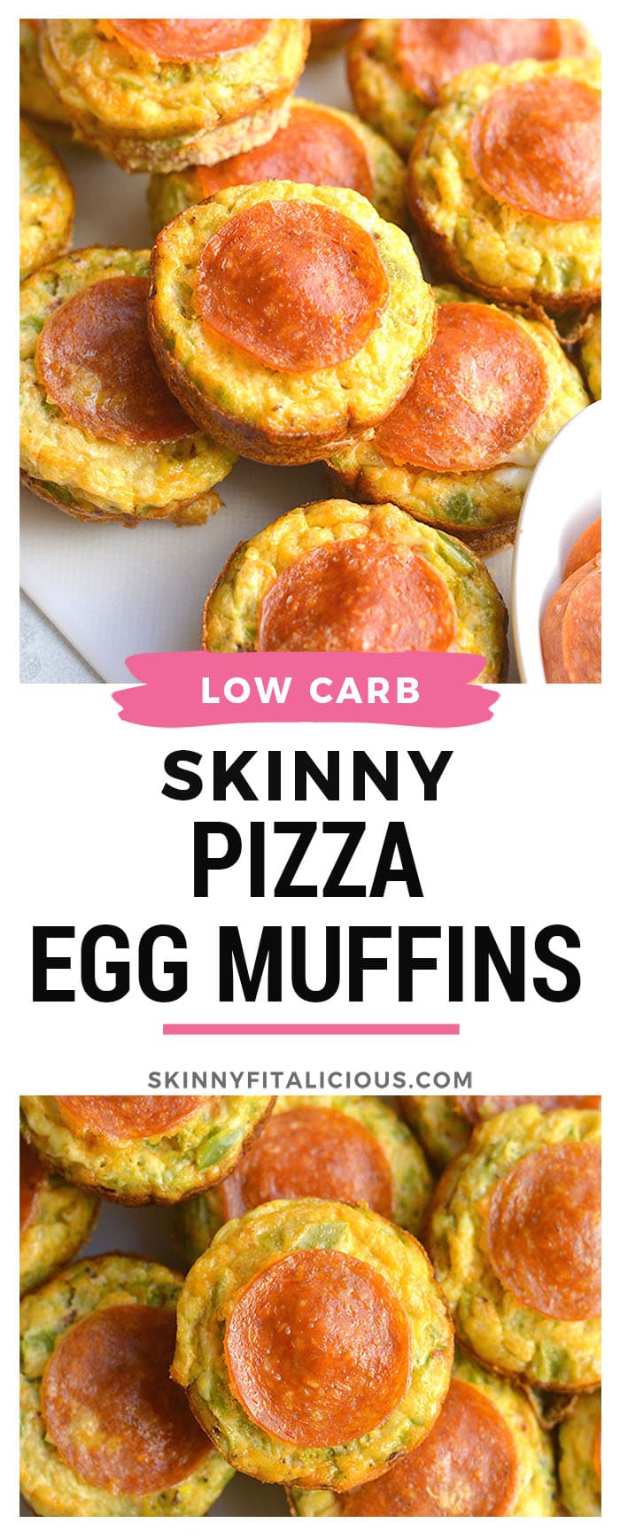 Skinny Pizza Egg Muffins! An easy recipe that makes a quick breakfast and healthy meal every morning. Packed with riced bell pepper and spices, these egg muffins are perfect for weekend meal prep. Wholesome, light and delicious! Gluten Free, Low Calorie, Paleo, Low Carb
