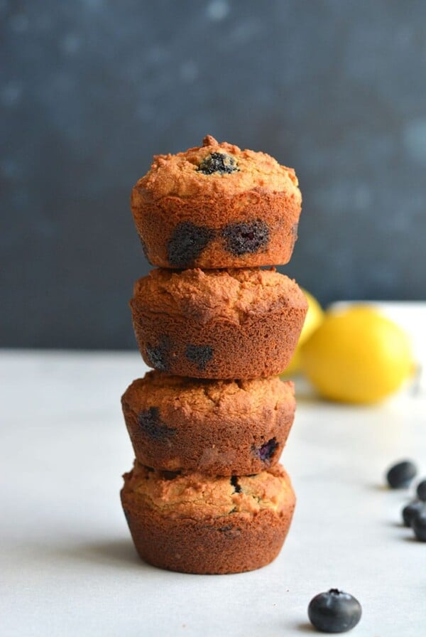 Almond Flour Blueberry Muffins! Fuffy, low carb, Paleo muffins lightened up and packed with antioxidant rich blueberries. A high protein breakfast or snack muffin that's nutritious and delicious! Paleo + Low Carb + Gluten Free