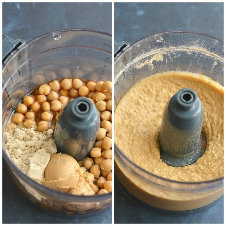 Protein Chickpea Cookie Dough! This eggless no bake cookie dough is made in a blender with chickpeas and protein powder. Low in sugar, refined sugar free and dairy free, this goodie makes the perfect healthy snack treat for anytime of day. Vegan + Gluten Free + Low Calorie