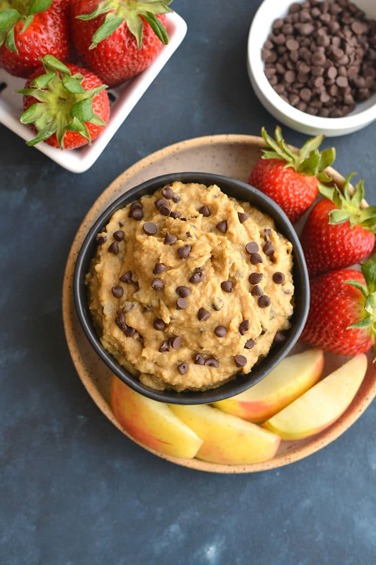 Protein Chickpea Cookie Dough! This eggless no bake cookie dough is made in a blender with chickpeas and protein powder. Low in sugar, refined sugar free and dairy free, this goodie makes the perfect healthy snack treat for anytime of day. Vegan + Gluten Free + Low Calorie