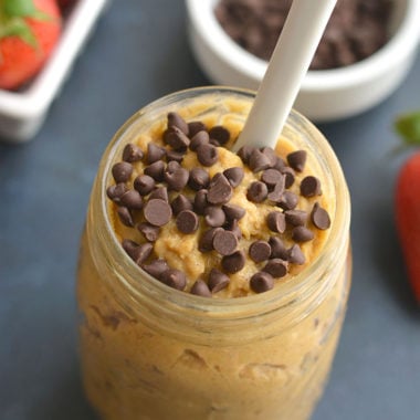 Protein Chickpea Cookie Dough! This eggless no bake cookie dough is made in a blender with chickpeas and protein powder. Low in sugar, refined sugar free and dairy free, this goodie makes the perfect healthy snack treat for anytime of day. Vegan + Gluten Free + Low Calorie