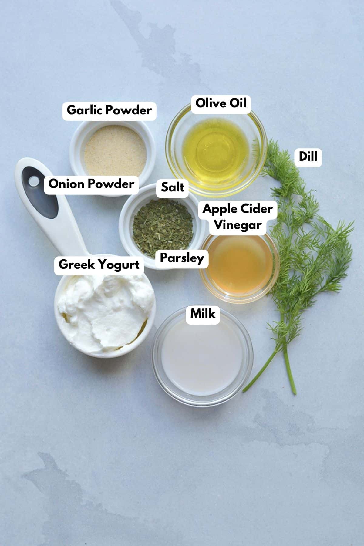 Ingredients to make this healthy ranch dressing.