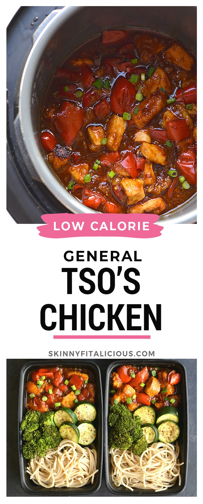 Meal Prep General TSO's Chicken! This version is made easy in the Instant Pot or on the stovetop. Topped with a healthier, starch-free sauce that's delicious and packed with wholesome ingredients. Serve with brown rice pasta for a lighter, healthier homemade version of your favorite takeout! Gluten Free + Low Calorie
