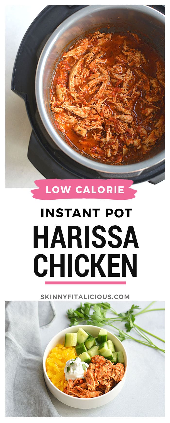 Instant Pot Harissa Shredded Chicken Bowls! This simple, healthy shredded chicken is cooked in under 30 minutes in an Instant Pot with Harissa for a spicy kick! Paired with sliced cucumber, bell pepper and Greek yogurt for a complete meal! Low Calorie + Gluten Free