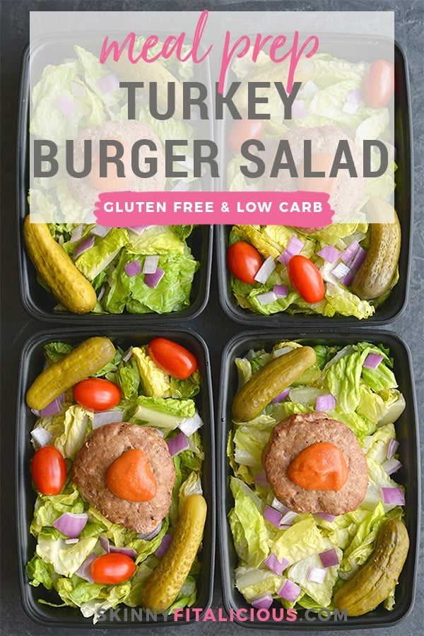 Meal Prep Turkey Burger Salad! Stuffed with parmesan and garlic then baked on a sheet pan. These burgers make the most flavorful, delicious burgers. Simple to make, gluten free and low carb! Paired with a salad and ketchup mustard dressing for a quick and easy meal prep! Gluten Free + Low Calorie + Low Carb
