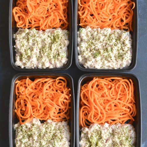 Meal Prep Cottage Cheese Tuna Salad! This high protein tuna salad is perfect for meal prep or a BBQ. Blended cottage cheese and seasonings is tossed with tuna, celery and radishes for a refreshing and filling meal. Pair with carrot noodles or your favorite low carb veggie side!