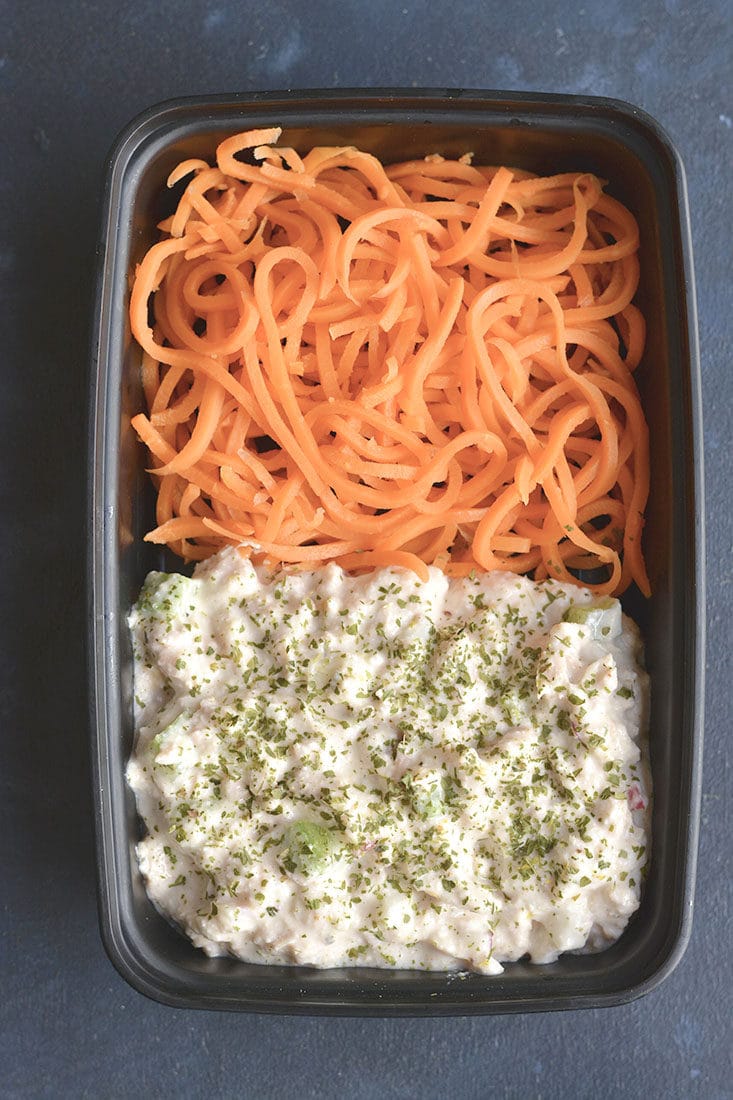 Meal Prep Cottage Cheese Tuna Salad! This high protein tuna salad is perfect for meal prep or a BBQ. Blended cottage cheese and seasonings is tossed with tuna, celery and radishes for a refreshing and filling meal. Pair with carrot noodles or your favorite low carb veggie side! 