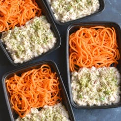 Meal Prep Cottage Cheese Tuna Salad! This high protein tuna salad is perfect for meal prep or a BBQ. Blended cottage cheese and seasonings is tossed with tuna, celery and radishes for a refreshing and filling meal. Pair with carrot noodles or your favorite low carb veggie side!