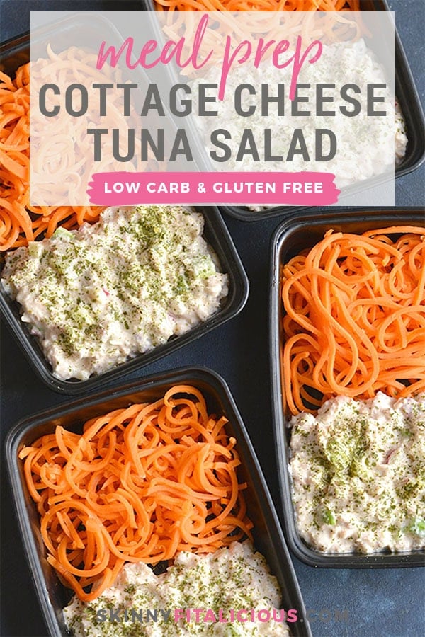Meal Prep Cottage Cheese Tuna Salad! This high protein tuna salad is perfect for meal prep or a BBQ. Blended cottage cheese and seasonings is tossed with tuna, celery and radishes for a refreshing and filling meal. Pair with carrot noodles or your favorite low carb veggie side! Gluten Free + Low Calorie + Low Carb
