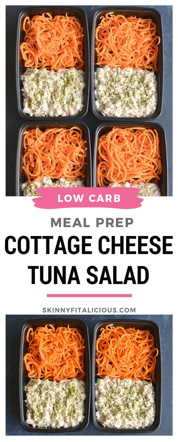 Meal Prep Cottage Cheese Tuna Salad! This high protein tuna salad is perfect for meal prep or a BBQ. Blended cottage cheese and seasonings is tossed with tuna, celery and radishes for a refreshing and filling meal. Pair with carrot noodles or your favorite low carb veggie side! Gluten Free + Low Calorie + Low Carb