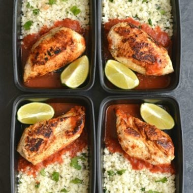 Meal Prep Margarita Chicken! This lightened up chicken is marinated and cooked in a skillet with spices. Paired with cilantro lime cauliflower rice and salsa for an EASY, low carb dinner or lunch. Perfect for busy week days! Low Carb + Paleo + Low Calorie + Gluten Free