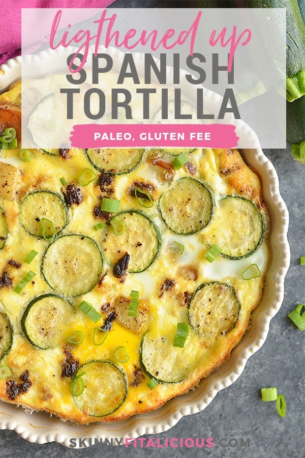 This Lightened Up Spanish Tortilla is loaded with sweet potatoes, zucchini and sun dried tomatoes. A new & lighter twist on a Spanish Tortilla that's easy to make. It's wholesome, light and delicious! Perfect for a holiday, weekend brunch or breakfast meal prep. Paleo + Gluten Free + Low Calorie