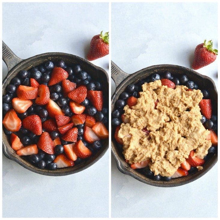 Low Sugar Berry Cobbler is the ultimate summertime treat! Made in one skillet with glycemic friendly ingredients. Low in calories and higher in protein than traditional cobblers, this warm weather dessert is sure to be your new favorite treat. Paleo + Gluten Free Options