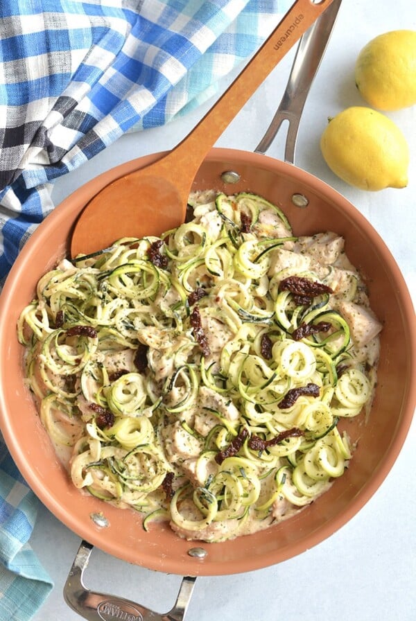 This Dairy Free Chicken Alfredo Zucchini Noodles is a 30-minute healthy skillet meal. A low carb "pasta" dinner made with zucchini noodles and a cashew sauce. Gluten Free + Low Carb + Low Calorie + Paleo 