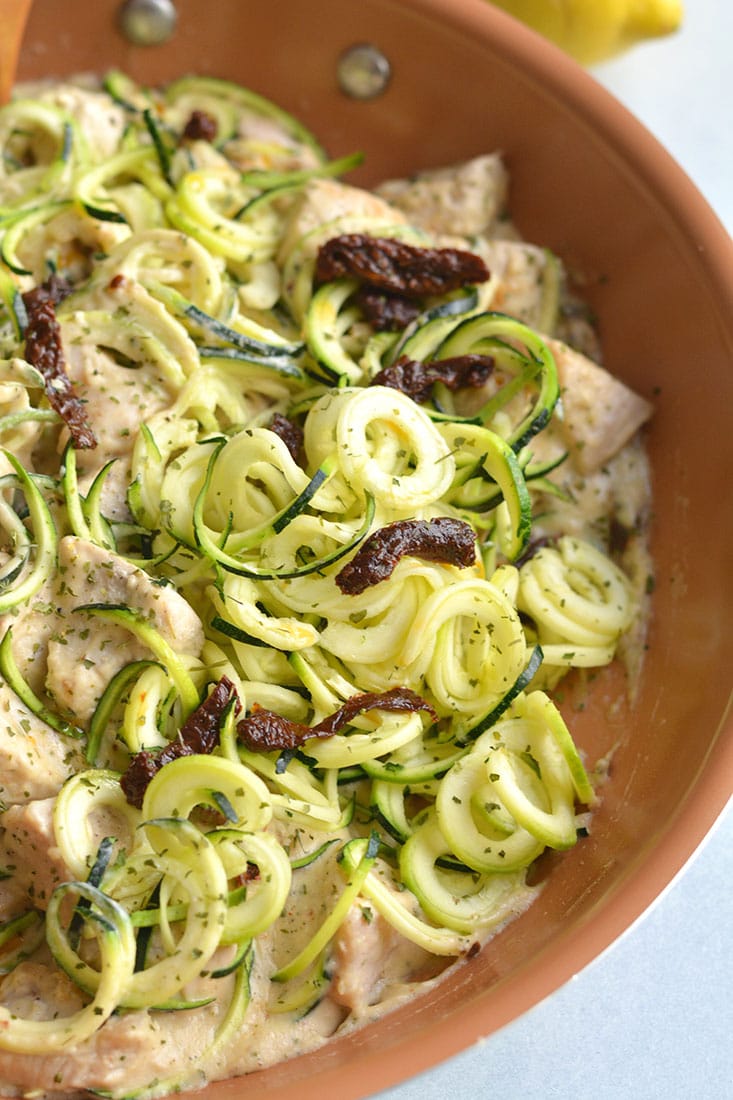 This Dairy Free Chicken Alfredo Zucchini Noodles is a 30-minute healthy skillet meal. A low carb "pasta" dinner made with zucchini noodles and a cashew sauce. Gluten Free + Low Carb + Low Calorie + Paleo 