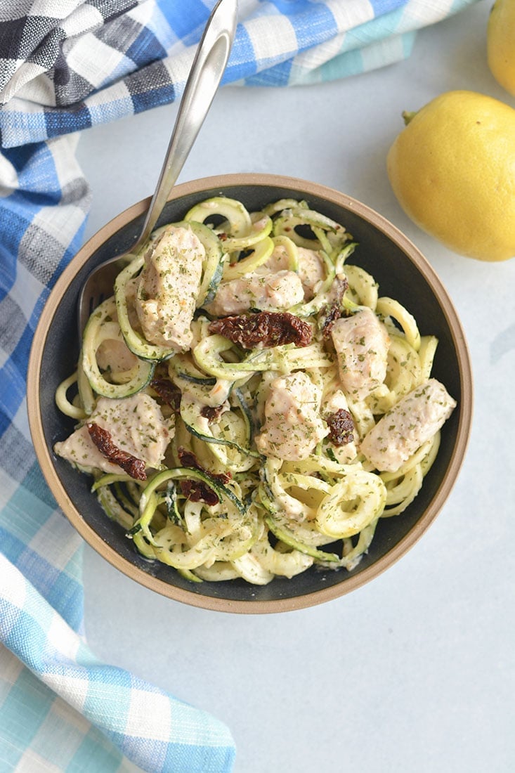 This Dairy Free Chicken Alfredo Zucchini Noodles is a 30-minute healthy skillet meal. A low carb "pasta" dinner made with zucchini noodles and a cashew sauce. Gluten Free + Low Carb + Low Calorie + Paleo 