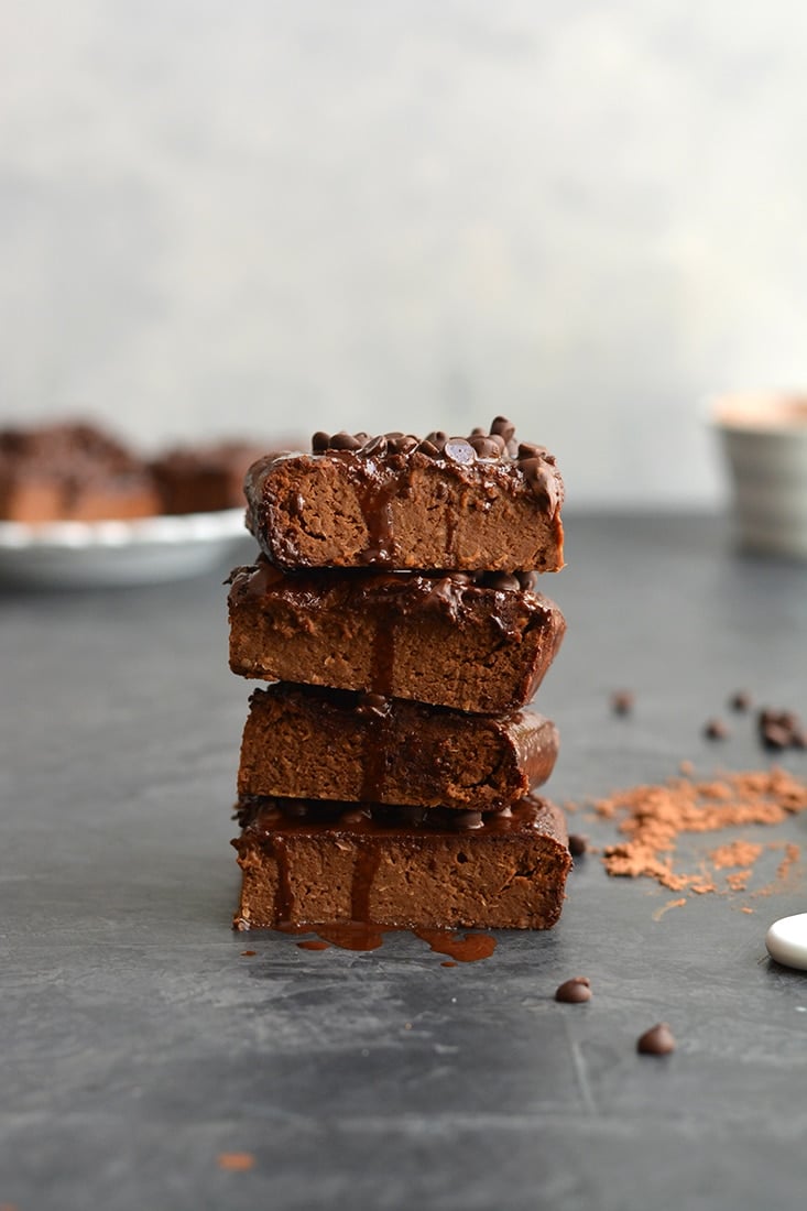 Double Chocolate Chickpea Brownies! Decadent, chewy brownies made flourless with chickpeas and simple ingredients. These rich, chocolatey flourless brownies are easy to make, but even better to eat! Gluten Free + Low Calorie