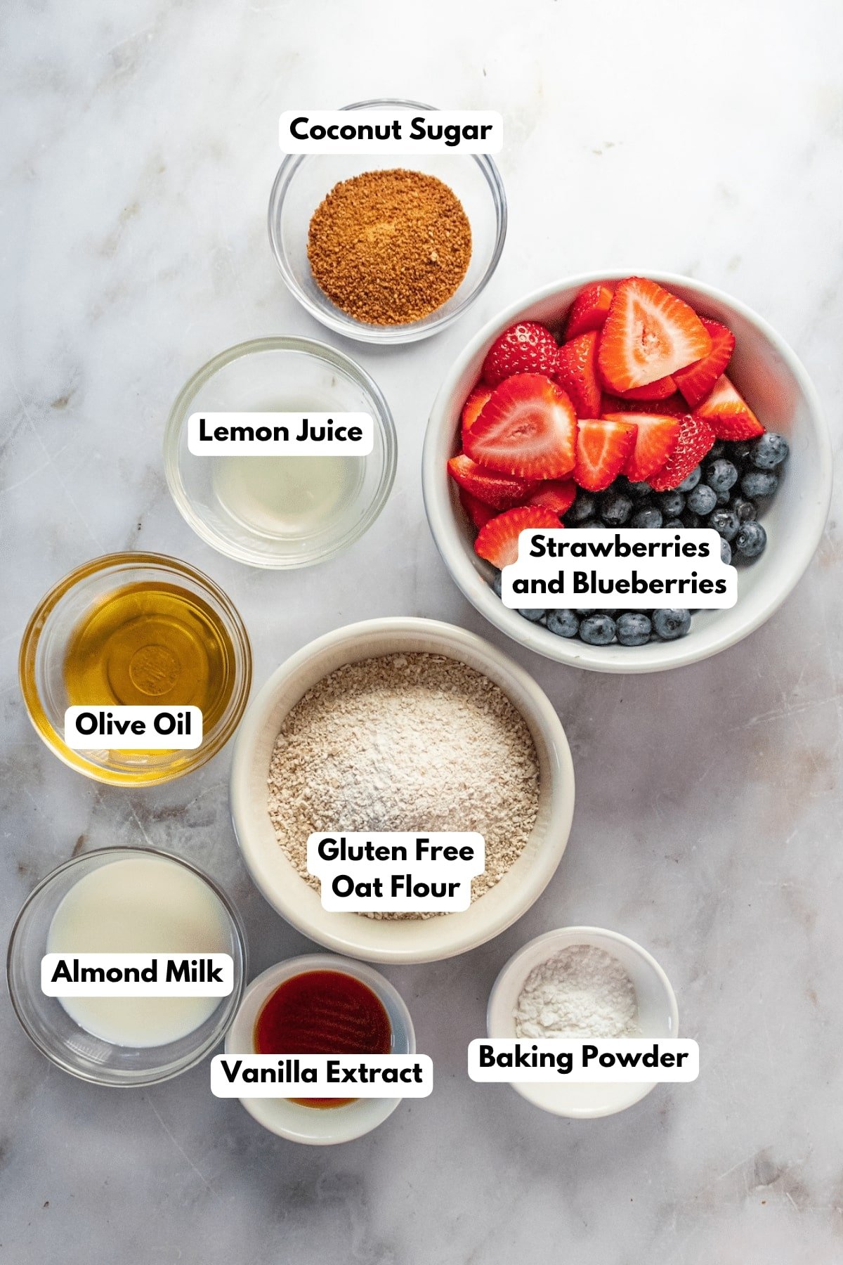 Ingredients to make a gluten-free berry cobbler on the table with text labels. 