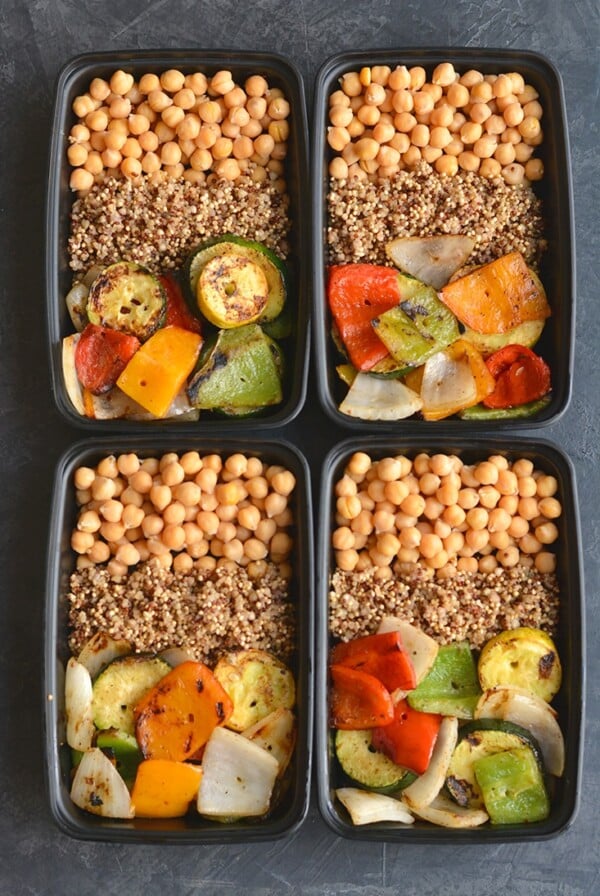 Meal Prep Chickpeas Grilled Veggies! Cumin roasted chickpeas with grilled veggies and quinoa is a meal even meat lovers will love. Packed with nutrition and deliciousness, this recipe makes an easy, healthy meal prep for lunch or dinner! Vegan + Gluten Free + Low Calorie