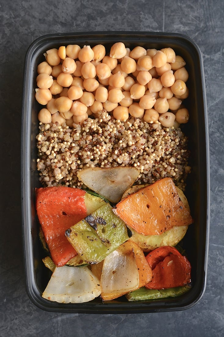 Meal Prep Chickpeas Grilled Veggies! Cumin roasted chickpeas with grilled veggies and quinoa is a meal even meat lovers will love. Packed with nutrition and deliciousness, this recipe makes an easy, healthy meal prep for lunch or dinner! Vegan + Gluten Free + Low Calorie