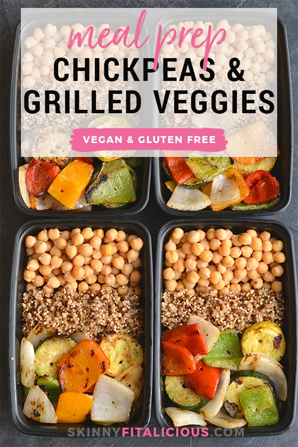 Meal Prep Chickpeas Grilled Veggies! Cumin roasted chickpeas with grilled veggies and quinoa is a meal even meat lovers will love. Packed with nutrition and deliciousness, this recipe makes an easy, healthy meal prep for lunch or dinner! Vegan + Gluten Free + Low Calorie