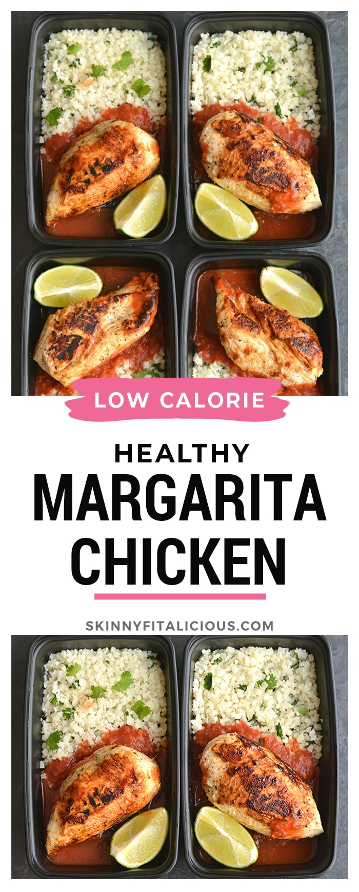 Margarita Chicken! This lightened up chicken is marinated and cooked in a skillet with spices. Paired with cilantro lime cauliflower rice and salsa for an EASY, low carb dinner or lunch.