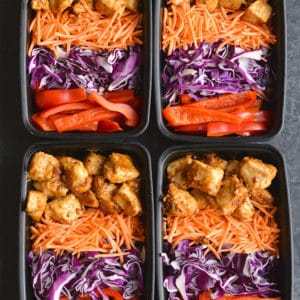 Meal Prep Thai Almond Chicken! Packed with flavor and nourishment, this meal prep recipe is quick to make and filling. Made in 30 minutes, you will love this creamy, Thai flavored chicken. Paleo + Low Calorie + Gluten Free
