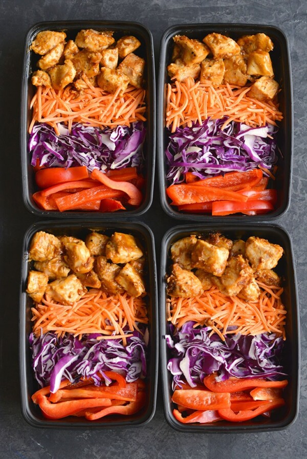 Meal Prep Thai Almond Chicken! Packed with flavor and nourishment, this meal prep recipe is quick to make and filling. Made in 30 minutes, you will love this creamy, Thai flavored chicken. Paleo + Low Calorie + Gluten Free