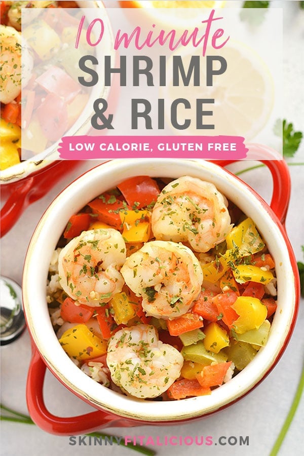 10 Minute Shrimp & Rice loaded with mixed bell peppers, garlic, lemon & pantry staple spices! A lighter, gluten free version of take-out that's easy to make & tastes great. Gluten Free + Low Calorie
