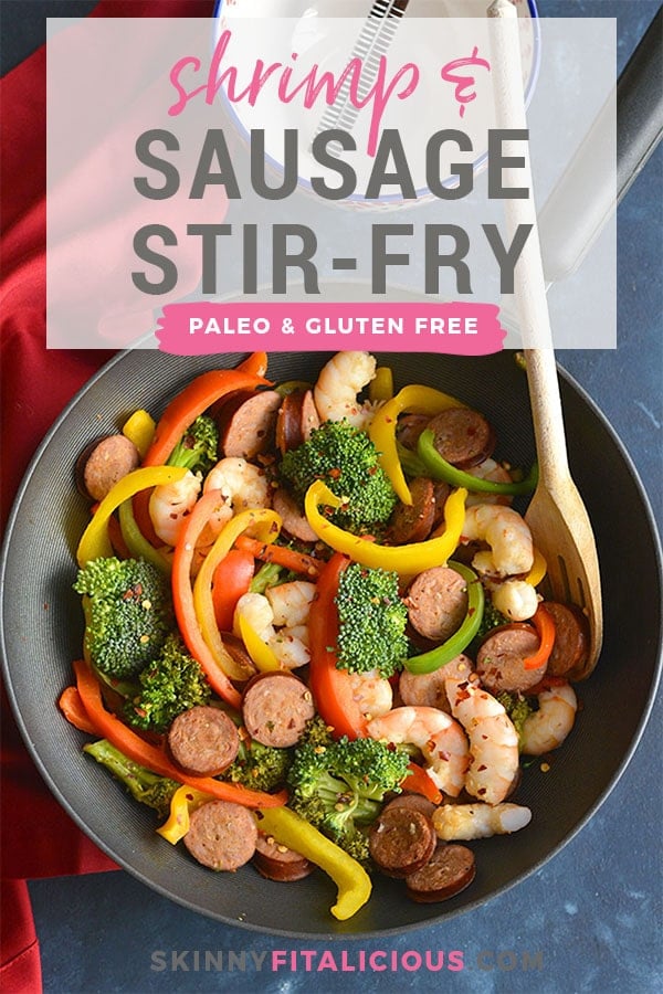 Spicy Shrimp Sausage Stir-Fry! An easy, 30-minute protein packed meal loaded with a rainbow of veggies. A meal you can feel good about feeding your family that tastes great too! Paleo + Gluten Free + Low Calorie!