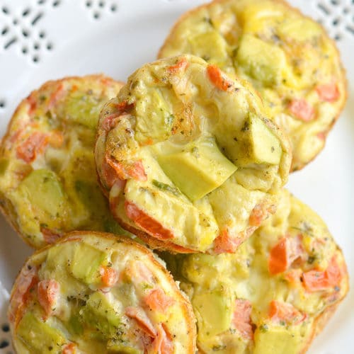 Tex-Mex Avocado Egg Muffins! Made with salsa and avocado, these egg cups make a nutritious low carb breakfast. Easy to make ahead of time and warm up on the go! Low Carb + Paleo + Gluten Free + Low Calorie