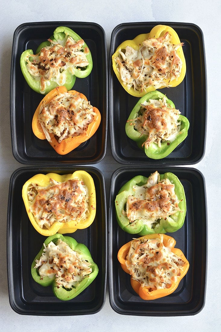 Meal Prep Chicken Philly Cheesesteak! This low carb recipe makes juicy and flavorful shredded chicken in an Instant Pot in 30 minutes and broils it in bell peppers with a touch of cheese on top! An easy, lunch or dinner to make ahead. Low Carb + Gluten Free + Low Calorie