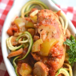 Crockpot Chicken Cacciatore! A healthy spin on traditional Italian cacciatore made in a slow cooker. Served over zucchini noodles for a minimal effort, low carb dinner that's big on flavor. Gluten Free + Paleo + Low Calorie + Low Carb
