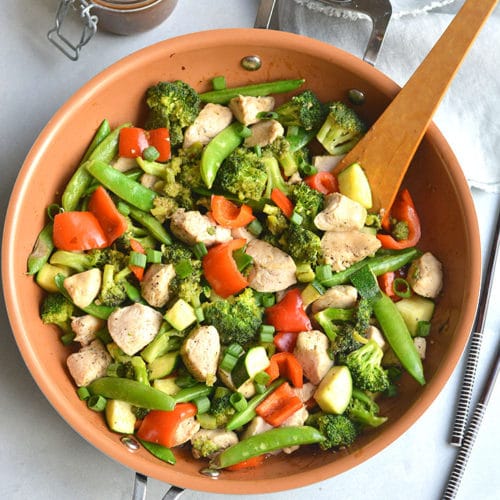 Clean Out The Fridge Chicken Veggie Stir Fry! Add any leftover veggies from the fridge, toss in chicken and soy free stir-free sauce for a quick and delicious meal! Naturally gluten fee and lower in carbs. Gluten Free + Paleo + Low Calorie