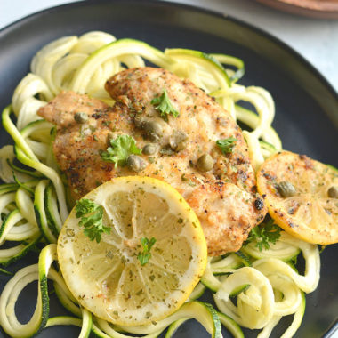 Lemon Chicken Piccata Zucchini Noodles! An easy, one skillet meal that adds tons of flavor to chicken. Served over zucchini noodles for a lighter, low carb twist on lemon piccata. All the flavor without all the calories! Paleo + Low Calorie + Low Carb + Gluten Free 