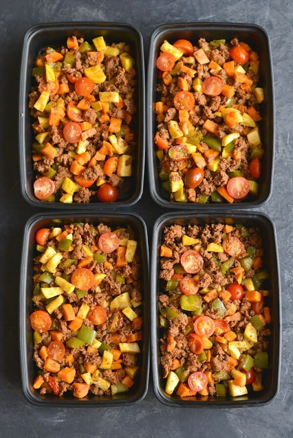 Meal Prep Chorizo Sweet Potato Breakfast Hash! This egg free hash is loaded with vegetables, flavor, & nourishment. A filling Whole30 breakfast that strikes the perfect balance of sweet & savory! Paleo + Gluten Free + Low Calorie + Low Carb