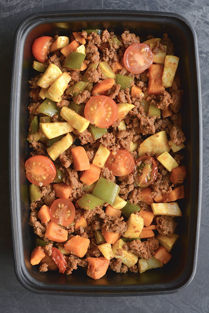 Meal Prep Chorizo Sweet Potato Breakfast Hash! This egg free hash is loaded with vegetables, flavor, & nourishment. A filling Whole30 breakfast that strikes the perfect balance of sweet & savory! Paleo + Gluten Free + Low Calorie + Low Carb