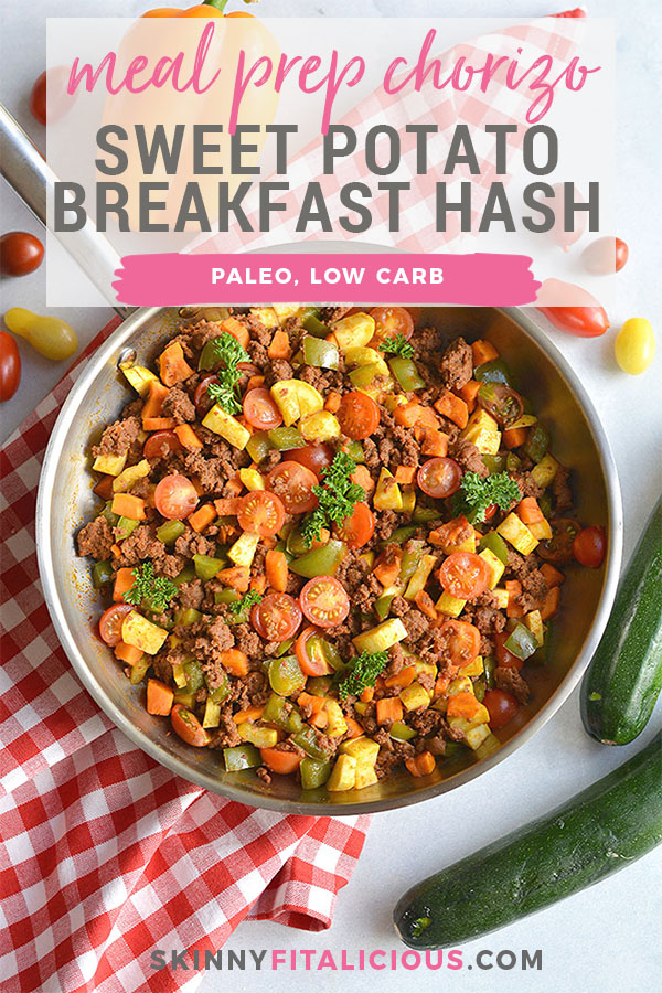 Meal Prep Chorizo Sweet Potato Breakfast Hash! This egg free hash is loaded with vegetables, flavor, & nourishment. A filling Whole30 breakfast that strikes the perfect balance of sweet & savory! Paleo + Gluten Free + Low Calorie + Low Carb