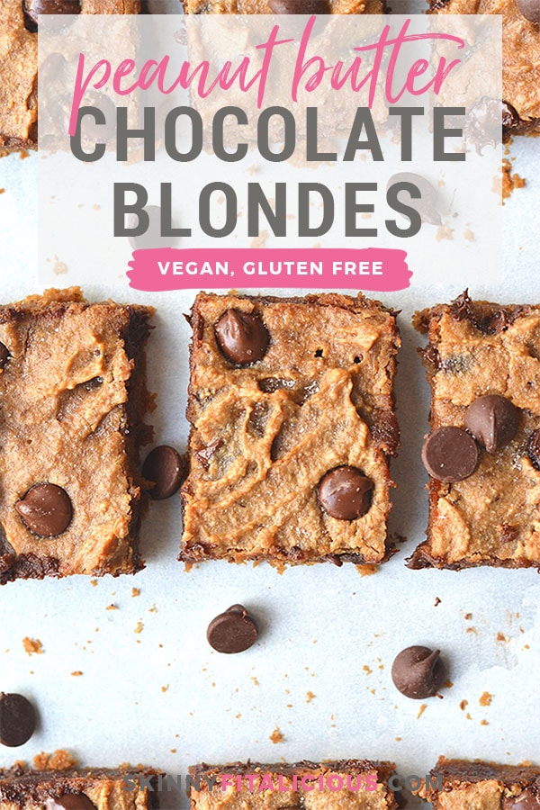 Healthy Peanut Butter Chocolate Blondes! This Vegan dessert recipe is low calorie, made with real peanut butter and topped with dairy free chocolate chips. The perfect, easy dessert recipe! Paleo option included. Gluten Free + Low Calorie + Vegan