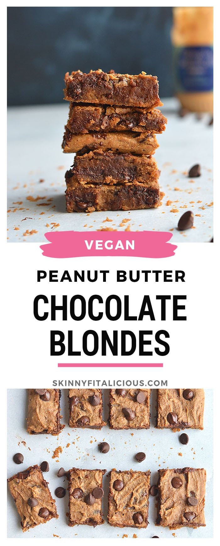 Healthy Peanut Butter Chocolate Blondes! This Vegan dessert recipe is low calorie, made with real peanut butter and topped with dairy free chocolate chips. The perfect, easy dessert recipe! Paleo option included. Gluten Free + Low Calorie + Vegan