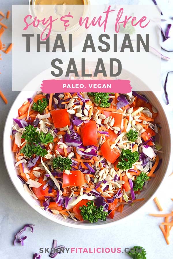 Thai Asian Salad with nut free sunflower dressing! A loaded detox salad with cabbage, carrots, and bell peppers tossed in a spicy Asian dressing. Healthy fat and carbs unite! Serve as a side salad or add your favorite lean protein for a complete meal. Vegan + Paleo + Low Calorie + Gluten Free